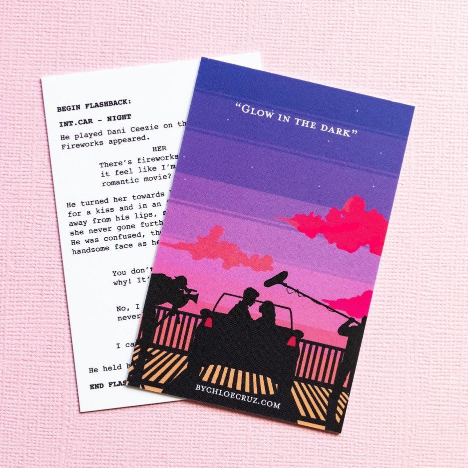 film set silhouette front packaging and a film script back packaging for the to set enamel pins