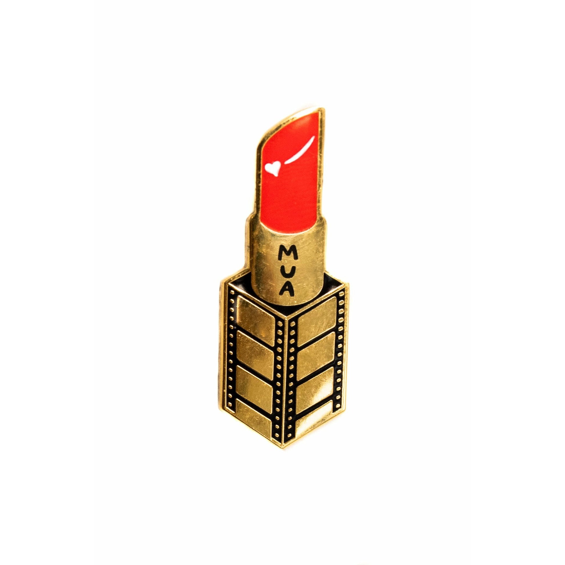 Red and gold lipstick enamel pin with text MUA