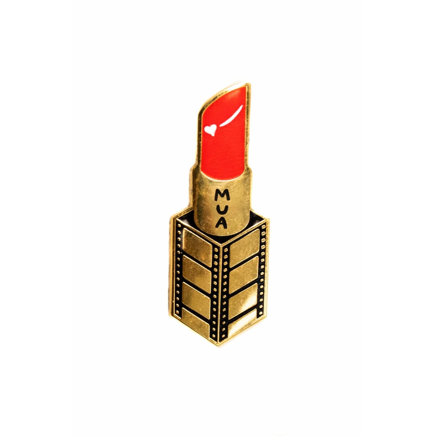 Red and gold lipstick enamel pin with text MUA