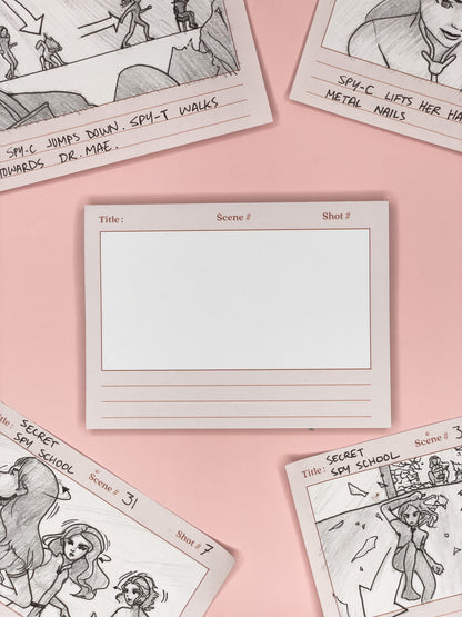 Animation student's must-have storyboard sticky note for bringing their characters and worlds to life. High-quality paper and user-friendly layout perfect for sketching, visualizing shots and creating storyboards. Durable cover, compact size, and easy to take on the go