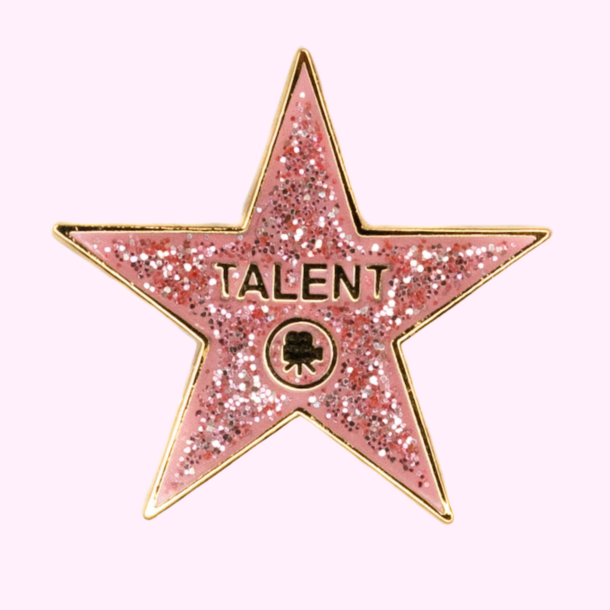 Pink glitter Hollywood star enamel pin with text 'Talent' - perfect accessory for aspiring actors, film enthusiasts and fashion lovers, high-quality and durable, stylish and sparkling design